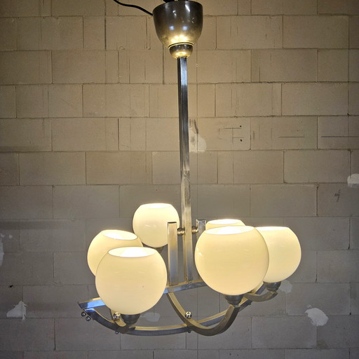 Lustre Art Déco ancien en chrome avec boules de verre, 1920