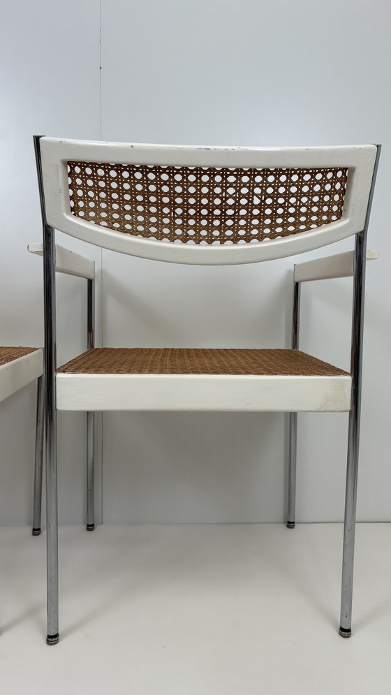 Image 1 of 2 x vintage armchair rattan/webbing chrome tube frame white wood