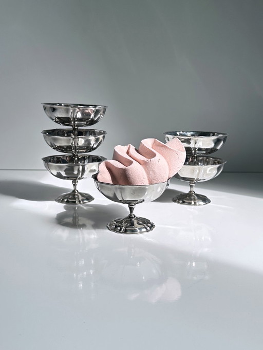 6x Inox Dessertschalen Blütenform hoch Eisbecher Metall Dekor Pokal Glas 80er Gelato Becher Fußschale Edelstahl Italien