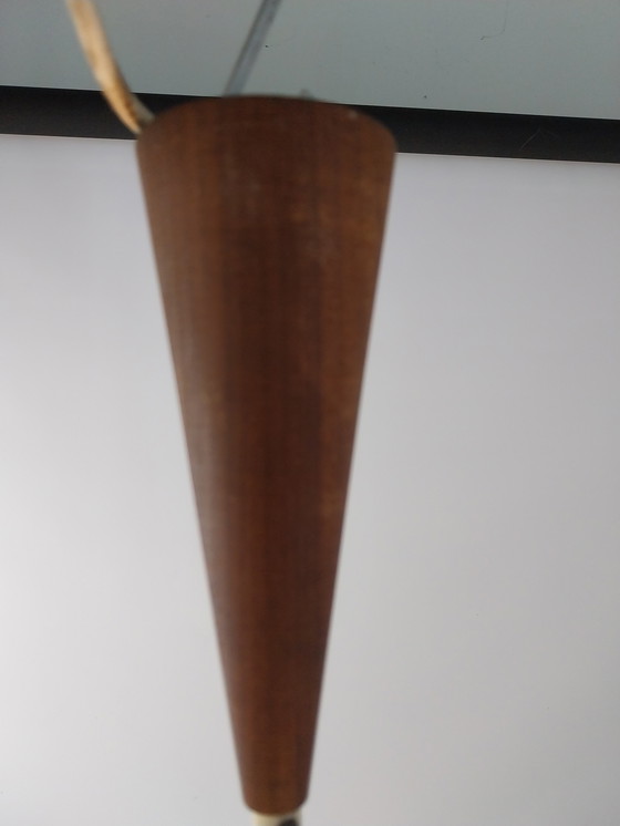 Image 1 of 1 lampada da sospensione in vetro e teak Louis Kalff per Philips degli anni '60