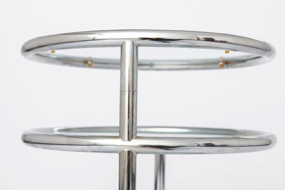 Image 1 of Vintage Chrome & Glass Side Table, Germany 1970s, Mid Century Modern Round End Table, Bauhaus Style Metal Coffee Table, Space Ag