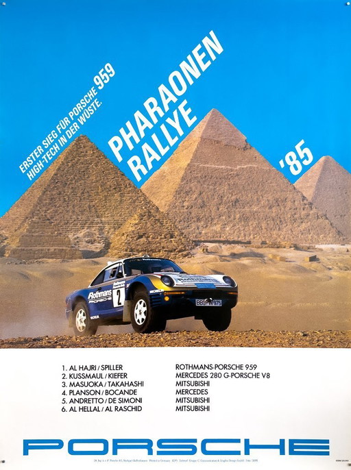 🚗Poster originale "Pharaohs Rally" della Porsche 959 Rothmans del 1985 - XL 76 × 102 cm | Erich Strenger | Poster