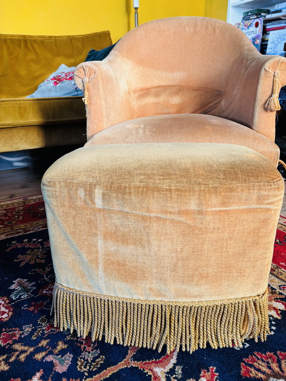 Image 1 of Vintage boudoir Frans fluwelen stoeltje en voetenbankje