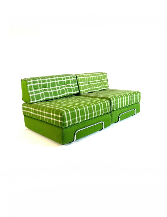 Set of 2 vintage convertible armchairs, Germany '80s, Chrome, Textile, Green (photo 7 of 14)
