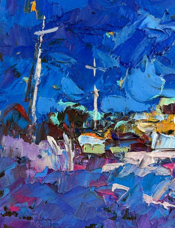Image 1 of Original Oil Painting Winter Church Landscape Moonlit night over the city