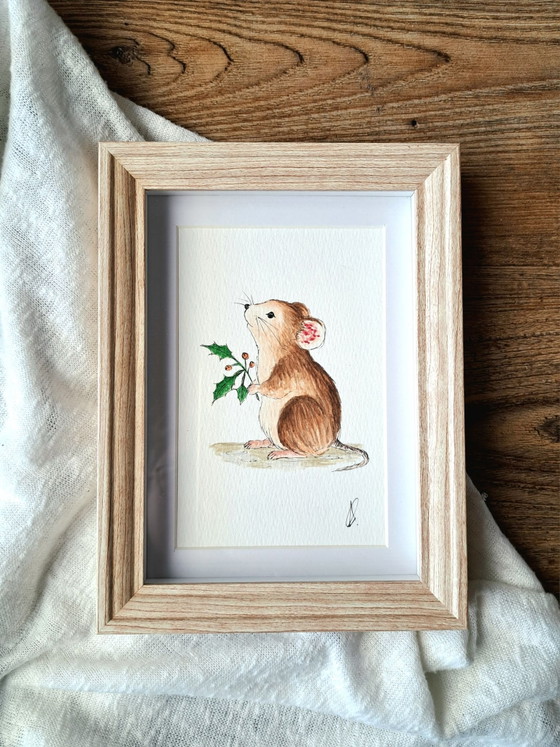 Watercolor painting mouse with holly Christmas | Framed, Paintings & Drawings, Paper, Brown (photo 4 of 5)