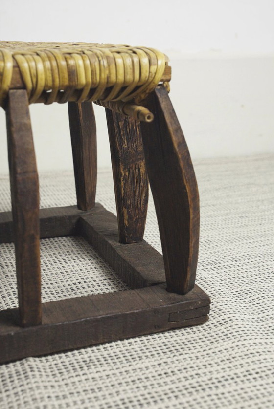 Antieke Siheyuan-kruk, Chinese geweven houten theehuisbank, primitieve Aziatische volkskunst voetenbank (photo 13 of 28)
