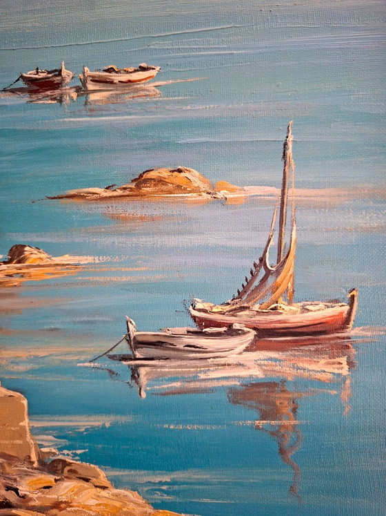 Image 1 of V. Berbegal. Oil on canvas painting + Ibiza postcard, artist reference - ca. 1980. Decoration