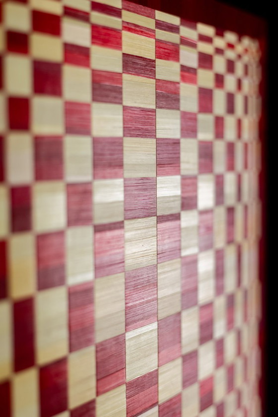 Image 1 of Pair of panels in red and gold straw marquetry. Contemporary.