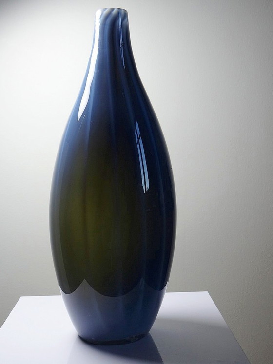 Image 1 of Large vintage pear-shaped vase in smoked glass lined with opaline glass, Murano soap bubble design
