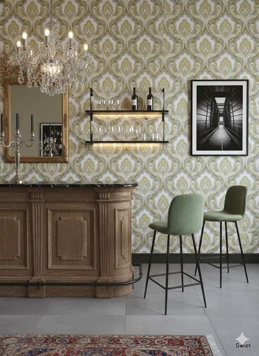 14302 Papel Pintado Barroco Clásico Verde Oliva Acento Dorado
