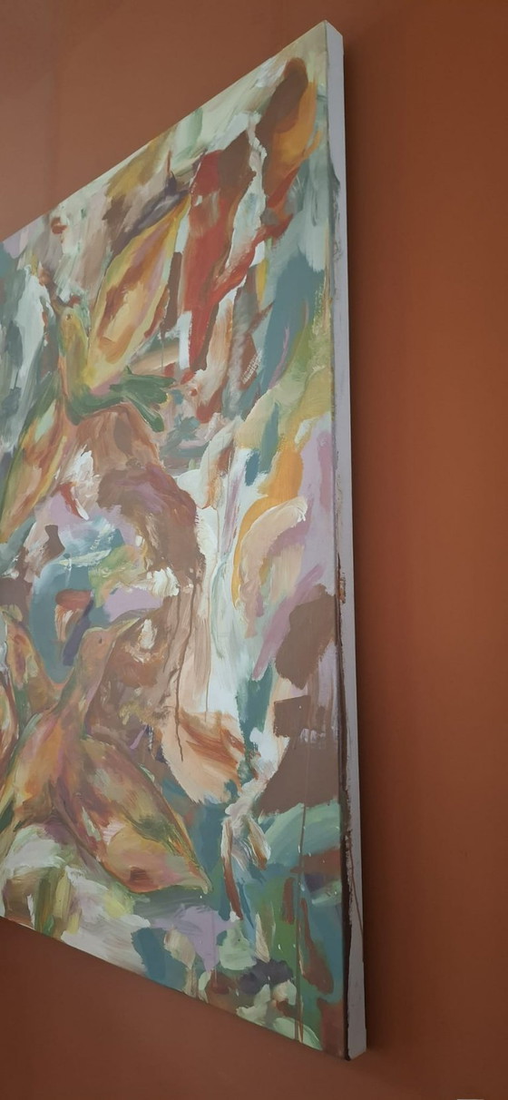 Image 1 of Pintura sobre lienzo - ''Free Birds'' - colorido - pájaros - naturaleza - cálido - abstracto