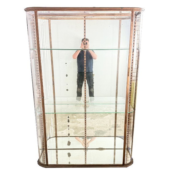 Image 1 of Grote antieke museum vitrinekast met gebogen glas – bronskleurig metalen vitrinekast