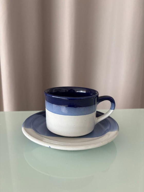 Lot de 4 Tasses et Soucoupes en Céramique d'Atelier Vintage – Émaillé Main Bleu & Blanc – Vaisselle, Ceramic (photo 12 of 13)