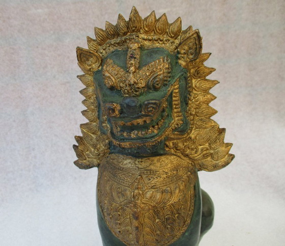 Image 1 of Perro Foo, Latón Dorado Grande 29 Cm, León Khmer / Singha - Altamente Detallado Y Ornamentado