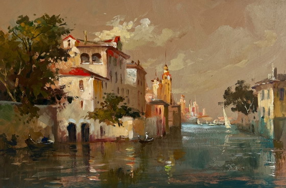 Image 1 of Original Oil Painting Evening City Landscape Romantic evening in Venice