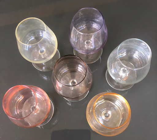 Beautiful Colored Vintage Set Of 6 Cognac Glasses, Unique!