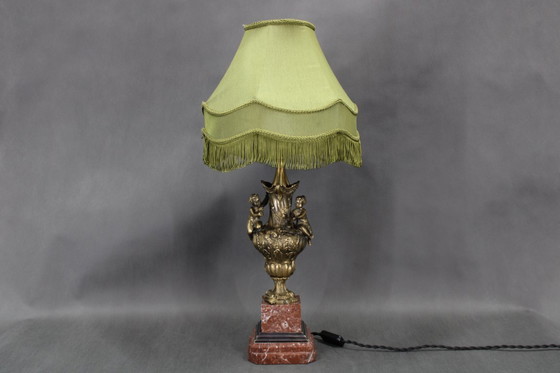 Image 1 of 1940s Restored Brass and marble Table Lamp with Fabric Shade