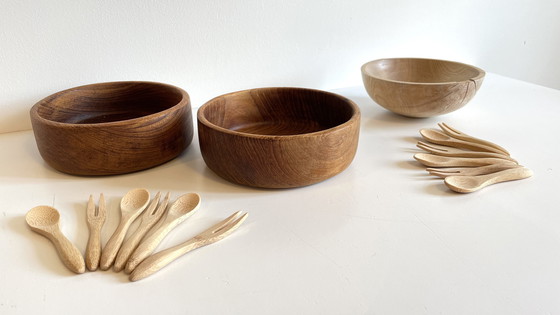 Image 1 of Set di 3 ciotole + 12 mini posate in legno e teak