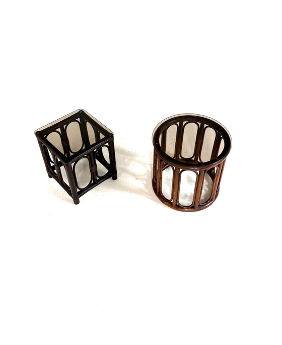 Set of 2 Manou & Smoked Glass Side Tables '70 – Wicker, Rattan (photo 8 of 8)