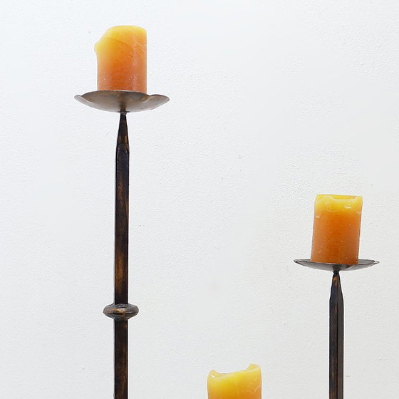 Image 1 of Set of 3 brutalist tripod candlesticks/candle holders in wrought iron