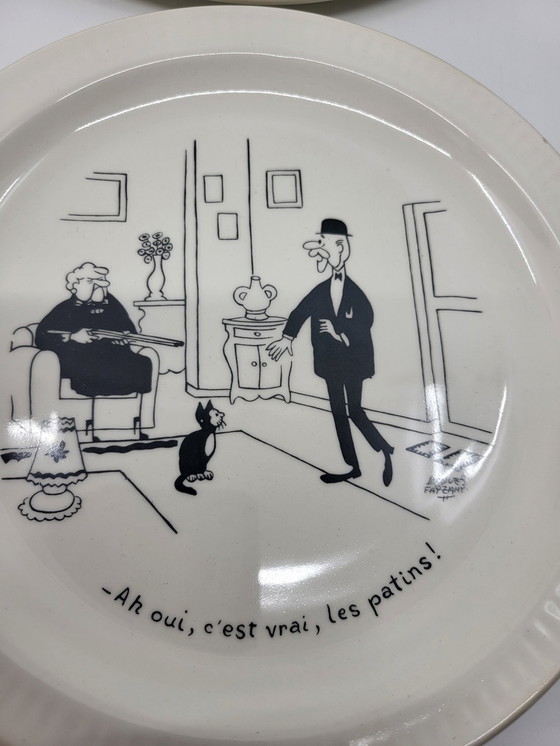 Image 1 of Sprechende Teller Saint Amand Illustration von Jacques Faizant Fayence Frankreich 1970 (6er Set)