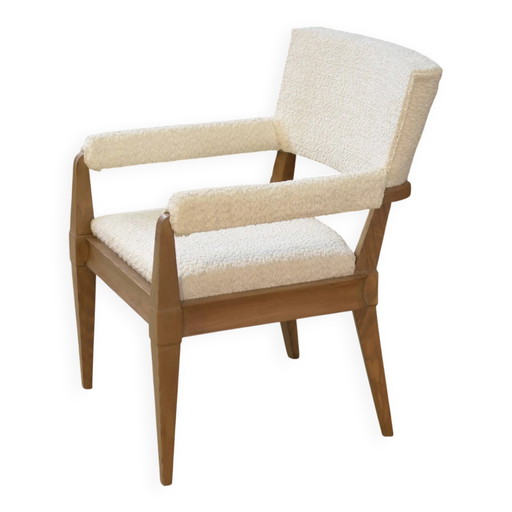 Fauteuil moderniste Art Déco en frêne et bouclé crème par Pierre Gouffé années 1940