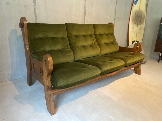 Image 1 of Divano in rovere massello – anni '70, stile rustico-brutalista, rivestimento verde