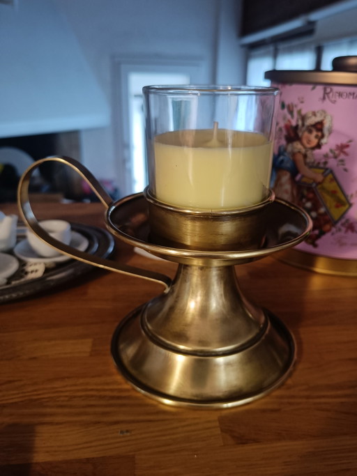 Vintage messing kaarsenhouder/theelichthouder met handvat – Hollywood Regency-stijl