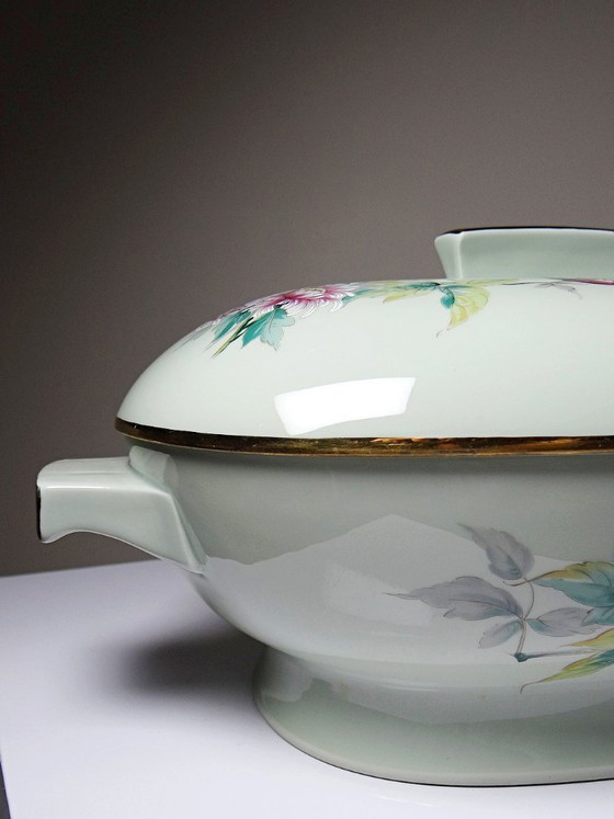 Image 1 of Zuppiera vintage in porcellana celadon di Limoges, Francia, in stile Art Déco con decorazioni floreali.