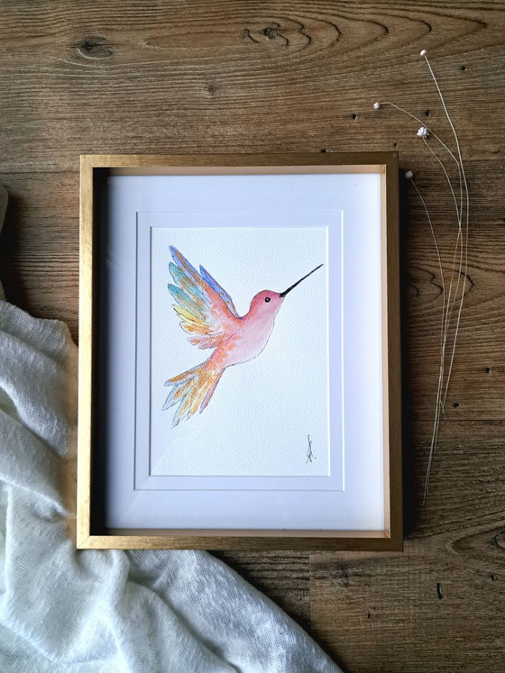 Original Kolibri Aquarell Goldeffekt | Mit Rahmen, Gemälde & Zeichnungen, Papier, Rosa (Foto 3 von 5)