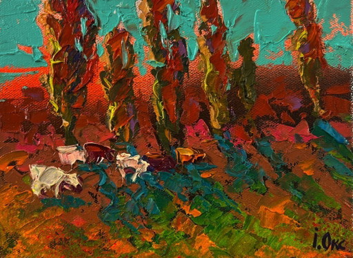 Peinture à l'huile originale représentant un paysage d'automne, une soirée d'automne dans les champs.