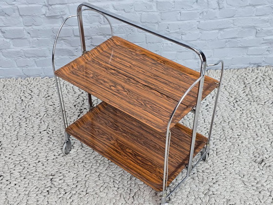 Image 1 of Vintage Design Foldable and Mobile Chrome Steel 2 Faux Wood Layers ‘Dinett’ Serving Trolley by Gerlinol, Germany, 1970s. 