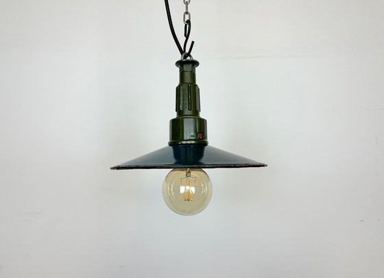 Image 1 of Industrial Blue Enamel Military Pendant Lamp with Cast Aluminium Top, 1960