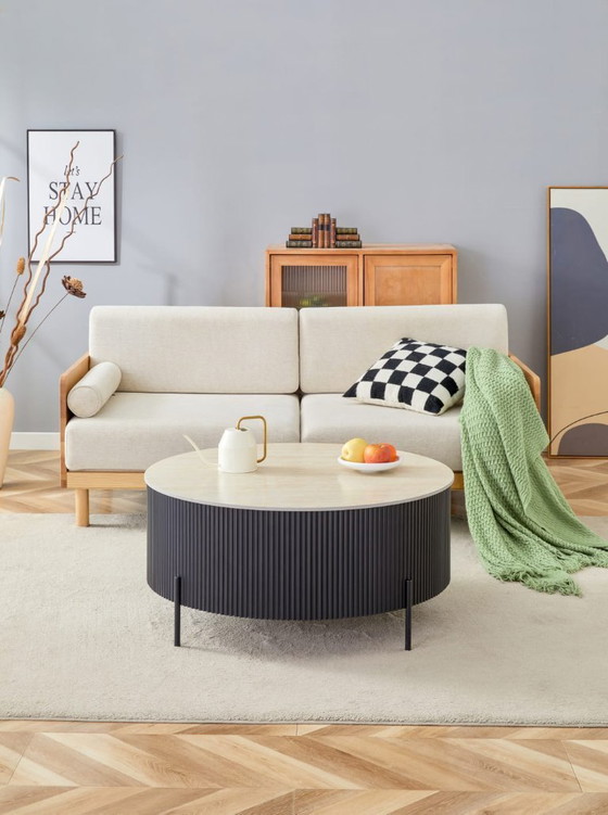 Image 1 of Mesa de centro RUBY - Base de metal negro y tablero de cerámica efecto travertino mate - Ø80/90 cm