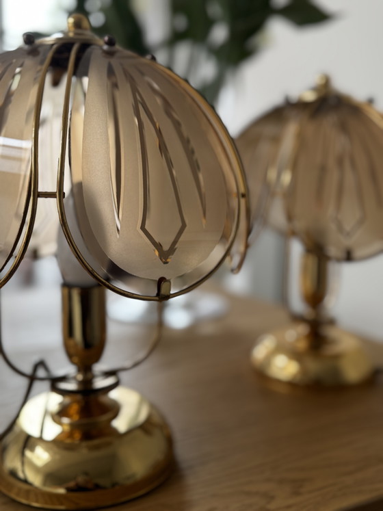 Lampes jumelles Art Déco vintage – Brass, Glass (photo 4 of 8)