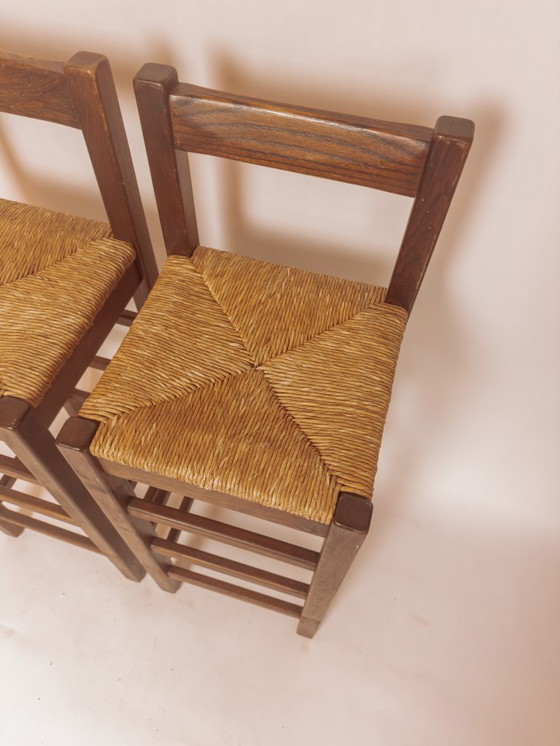 Image 1 of Ensemble de 2 tabourets de bar vintage en bois avec assise en jonc