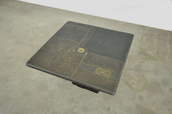Image 1 of Table d'appoint vintage en pierre naturelle avec incrustation de BRONZE, Pays-Bas 1970