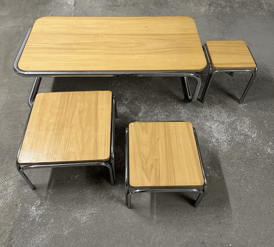 Image 1 of Set of 4 70s metal and solid oak nesting tables