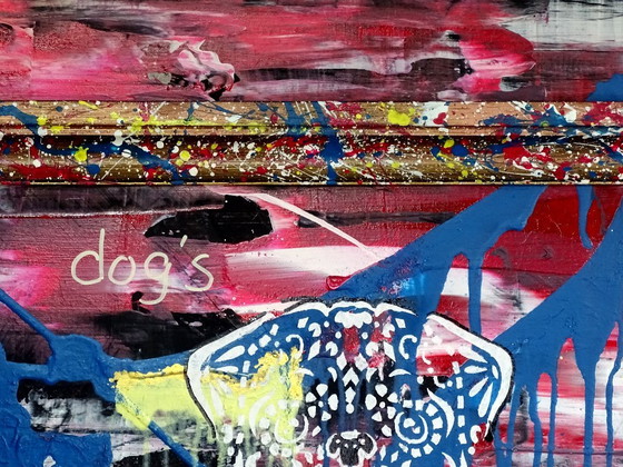 Quadro astratto con motivi di gatti e cani, CB, Dipinti e disegni, Legno, MDF, Rosso, Abstract (foto 7 di 15)