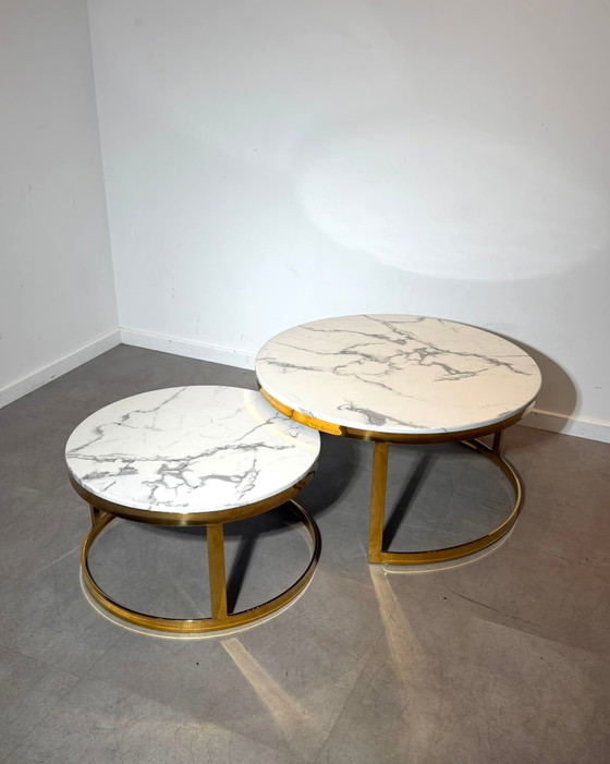Set of Two Round Marble Look Coffee Tables – Wood (photo 4 of 4)