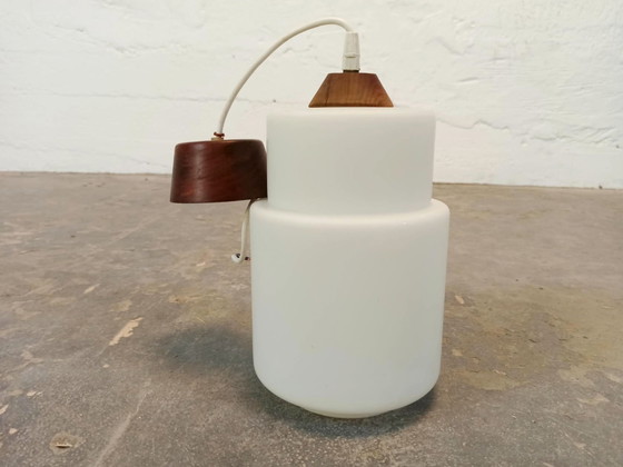 Vintage opaline glass and wood pendant lamp, Brown (photo 12 of 14)
