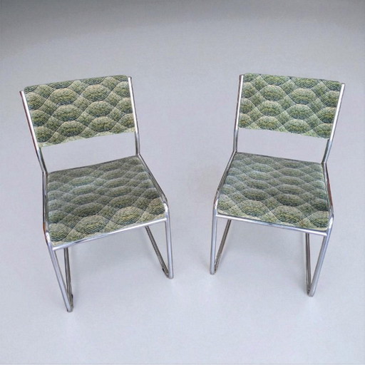 2x Vintage Chaises chromées années 70 | Design rétro | Tissu rembourré vert | Mid Century Chaises | Space Age Chair Set