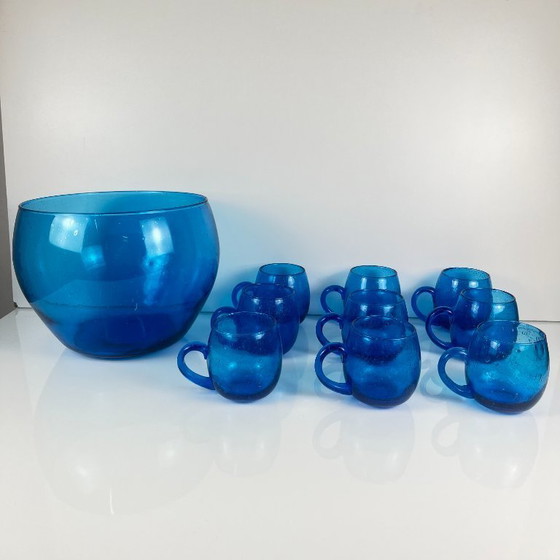 Image 1 of Punschset für 9 Personen, Biot-Stil, kobaltblaues, geblasenes Glas, 1970