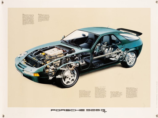 Porsche 928 GT doorsnede – Originele vintage Porsche poster uit 1990 – Autokunst – 76x102 cm