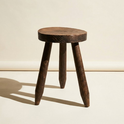 Taburete trípode pequeño de estilo brutalista en madera maciza.