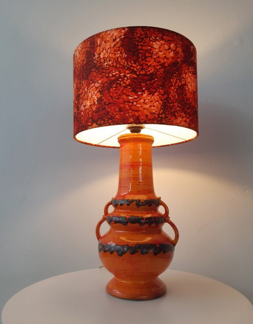 Large vintage orange ceramic table lamp, vintage/retro fat lava lamp base with new handmade lampshade from original vintage
