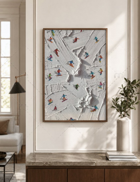 Dipinto con sciatori e snowboarder, multicolore, Dipinti e disegni, Tela, Carta, Bianco, Modern (foto 2 di 5)