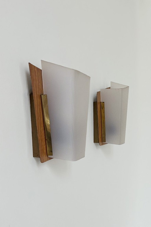 Pair of vintage perspex and wood Wall lights, France 1960