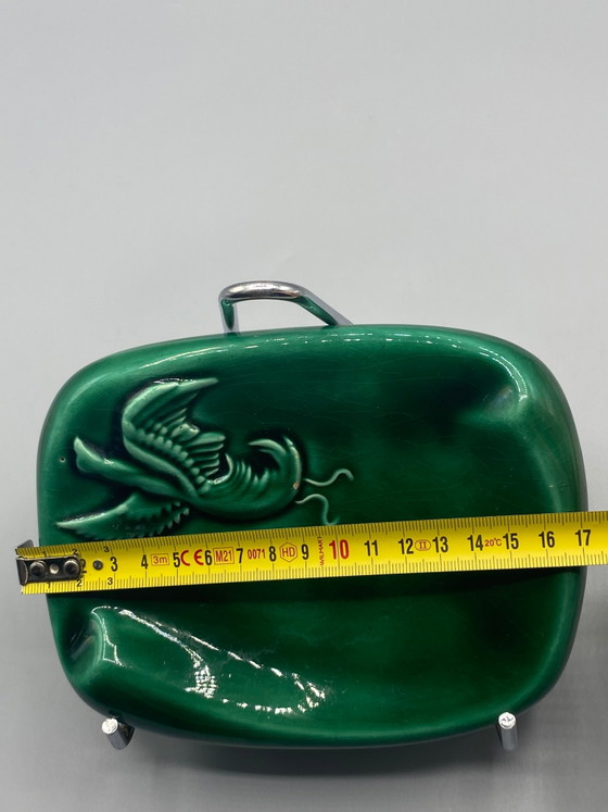 Mid Century Emerald Green Ceramic Ashtray – Embossed Bird – Vallauris Style – Crockery, Mid Century Modern (photo 5 of 6)